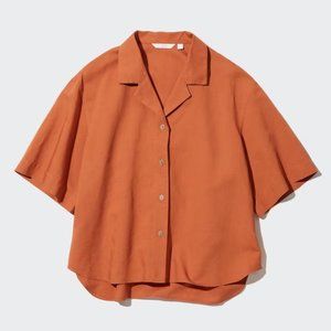Uniqlo Linen-Blend Open Collar Short-Sleeve Shirt, XXS, Yellow, Tan, Button Up